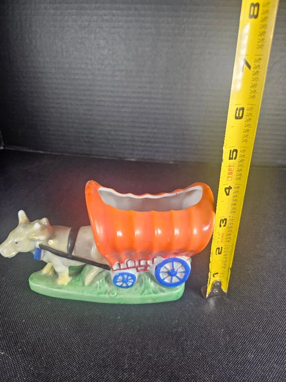 Mid Century Japan Ceramic Conestoga Covered Wagon Planter With Ox Orange & Blue